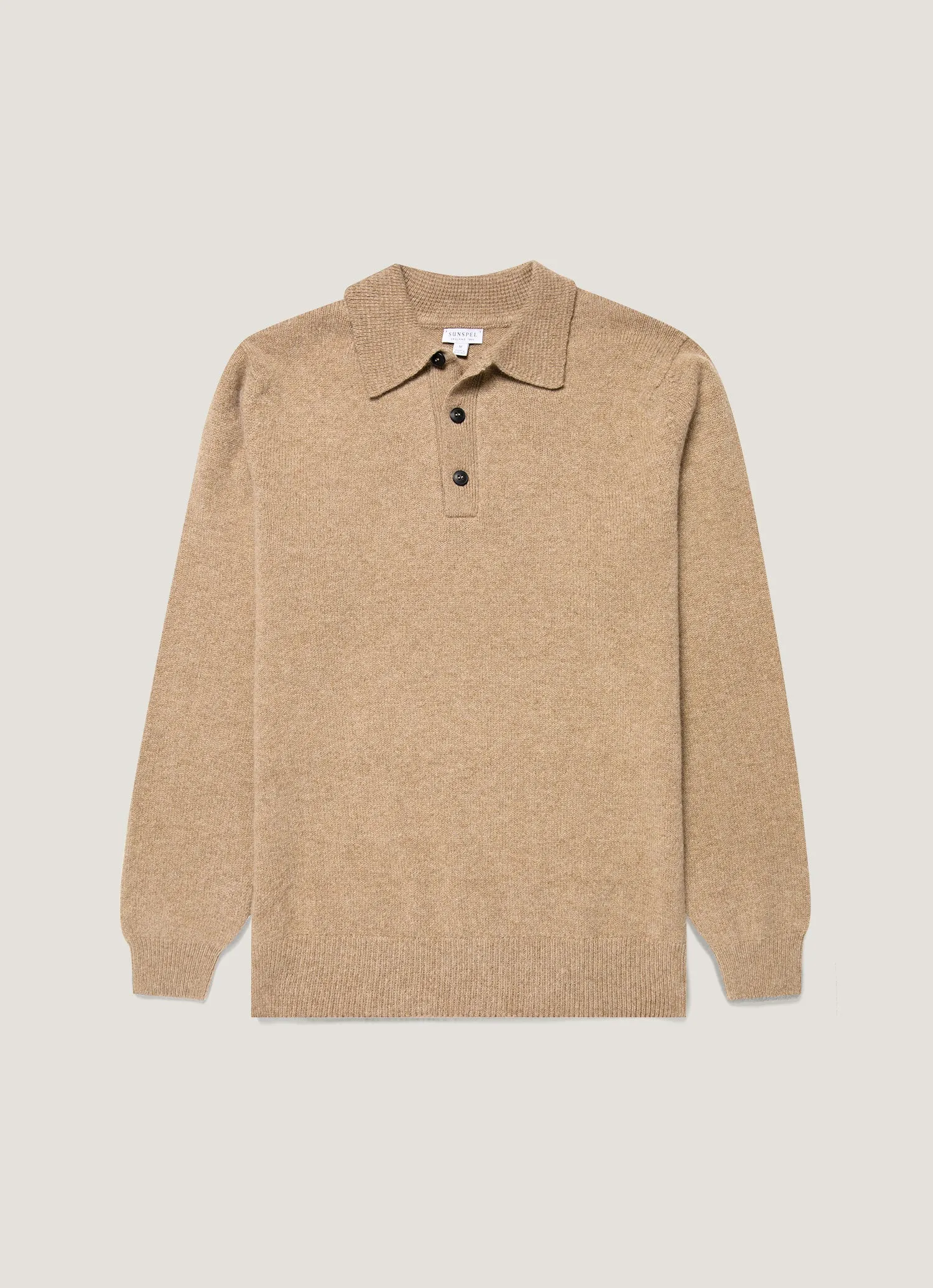 Long Sleeve Men's Lambswool Polo Shirt in Sandstone