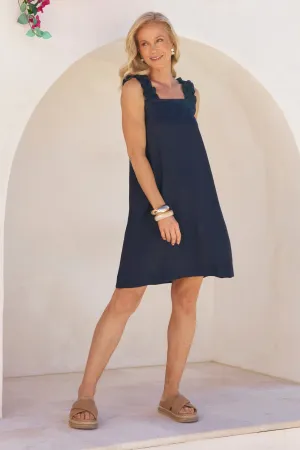 Claire Short Linen Dress in Navy Side-Zip Water-Repellent-Finish