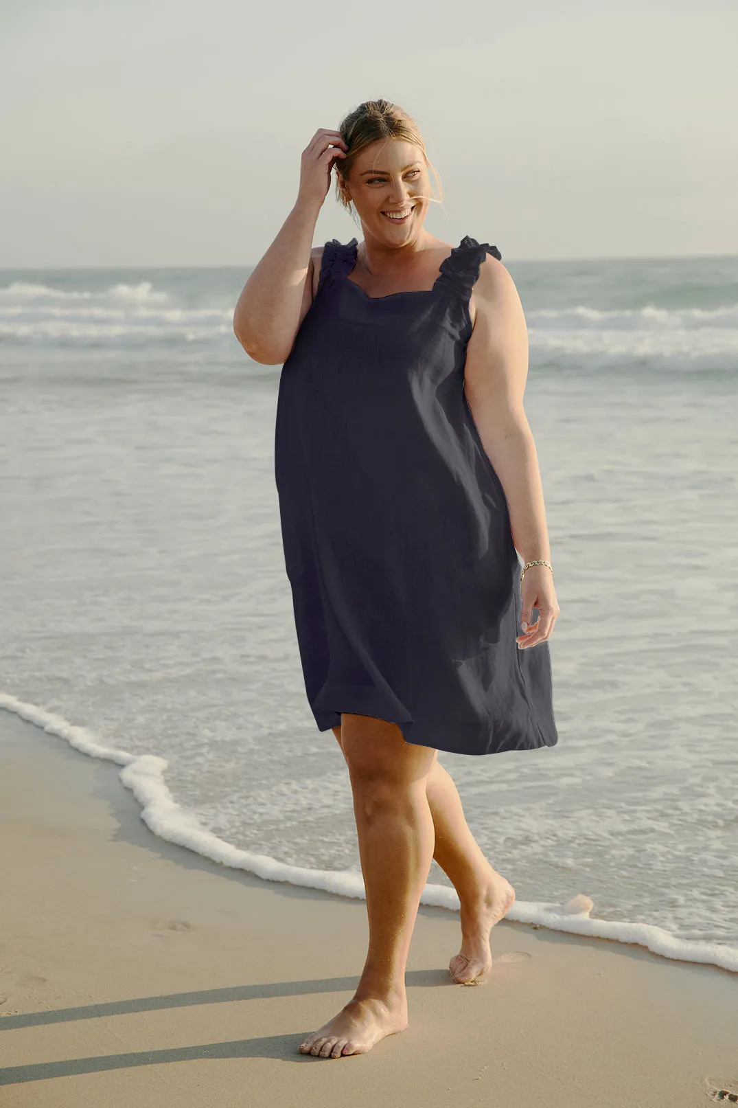 Claire Short Linen Dress in Navy Casual Core Casual Must-Have
