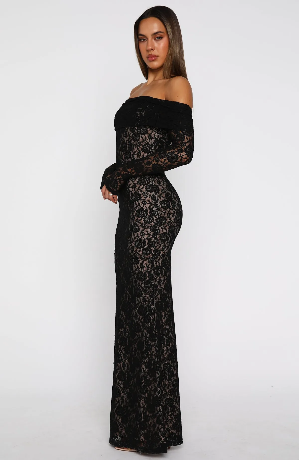 Daily Style Minimal Touch Be My Peace Lace Long Sleeve Maxi Dress Black