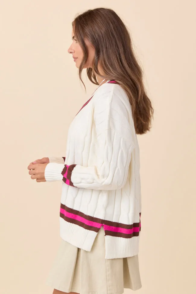 Paris Pink And Brown Varsity Stripe Cable Knit V-neck Pullover Creative Glow Warm Tracksuit