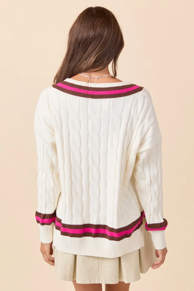 ElasticFree Paris Pink And Brown Varsity Stripe Cable Knit V-neck Pullover