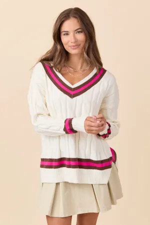 Paris Pink And Brown Varsity Stripe Cable Knit V-neck Pullover FlexibleNeckline Boho Free