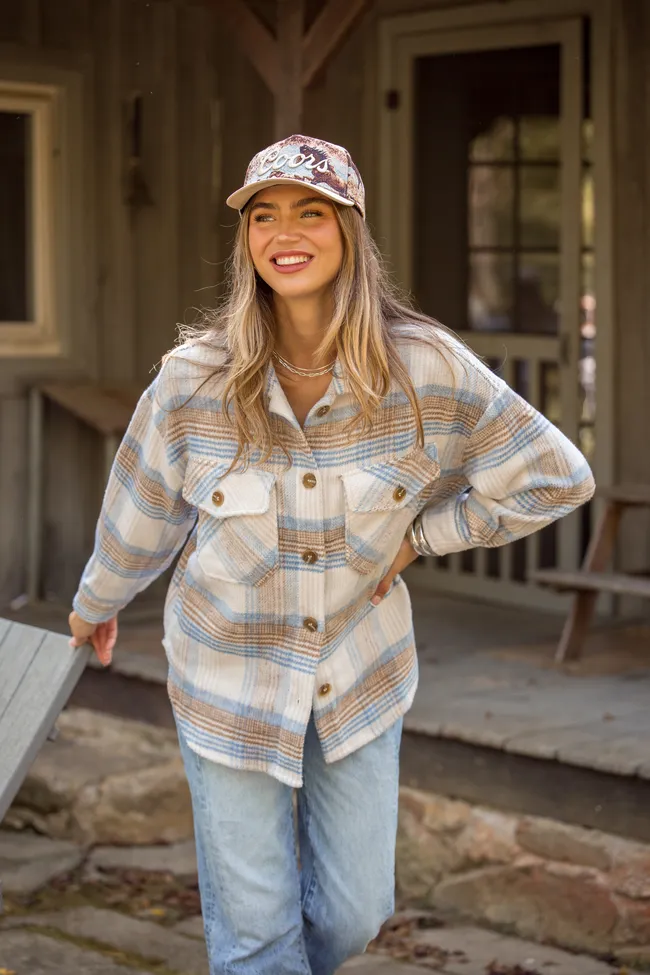 Utility Jacket PreShrunk Cotton Shayla Taupe and Blue Flannel Shacket
