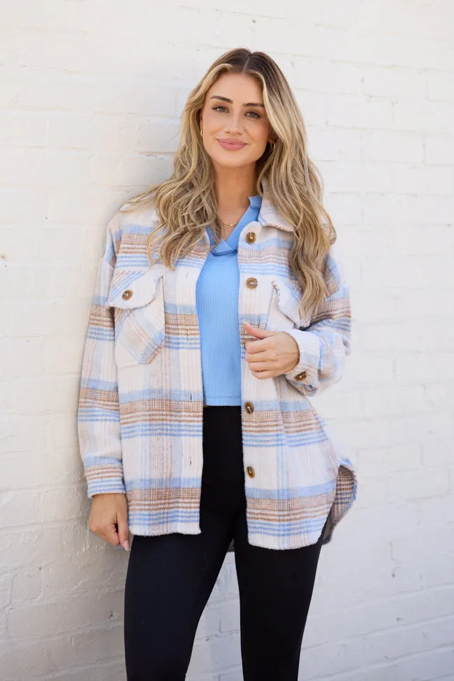 Shayla Taupe and Blue Flannel Shacket KnotFree Tailoring Lightweight Composite