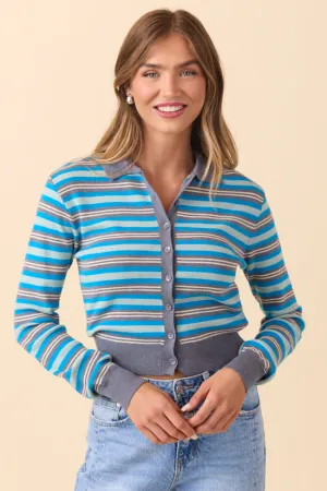 MoistureWicking Fabric Natasha Blue Stripe Cardigan