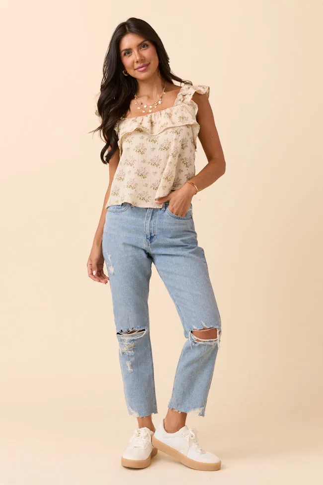 Mary Pink And Green Floral Printed Gauze Woven Tank Street Fest Adjustable Straps