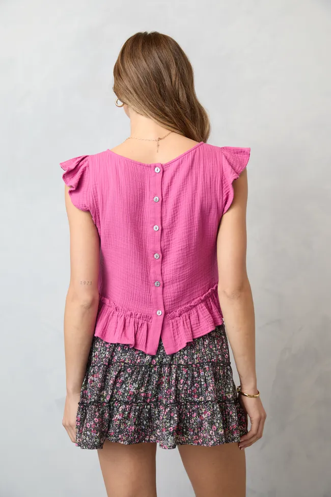 Tech Mood Ruby Pink Gauze Flutter Button Back Woven Blouse