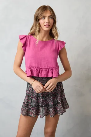 Ruby Pink Gauze Flutter Button Back Woven Blouse Casual dress Thick Fiber