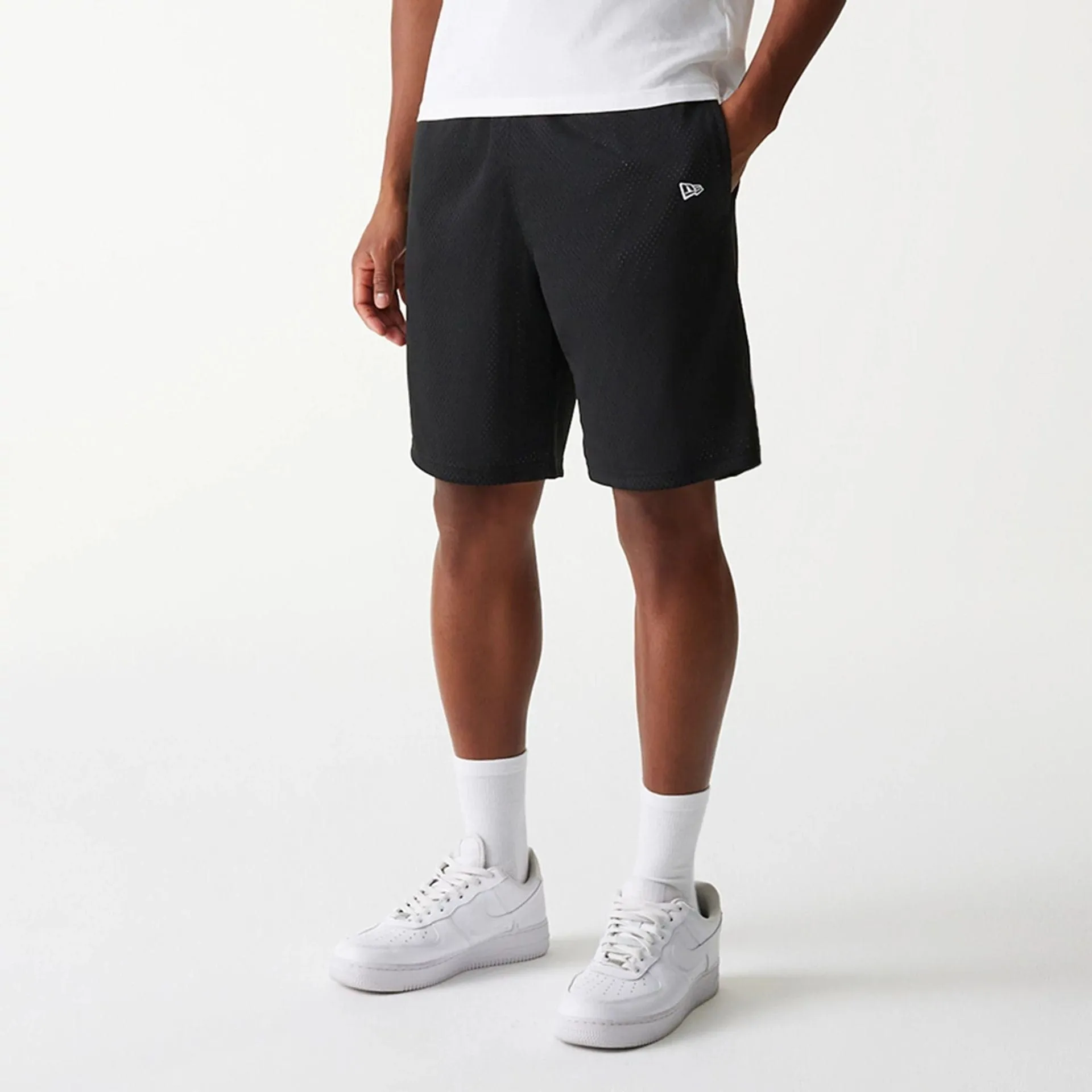 New Era Black Mesh Shorts muted colors