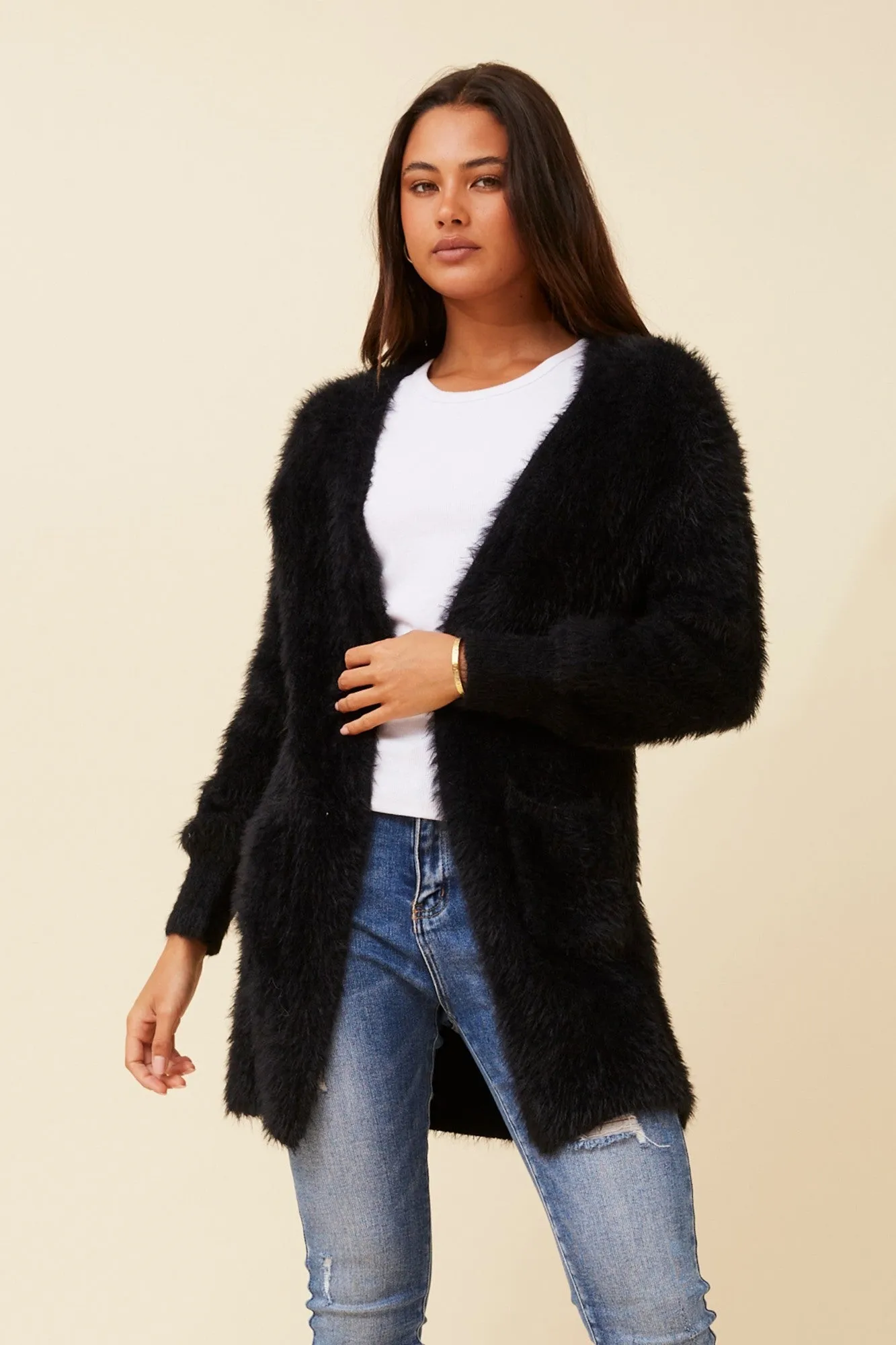 ReinforcedElbows Lightweight Polyester Blend LEEZA EYELASH KNIT CARDIGAN