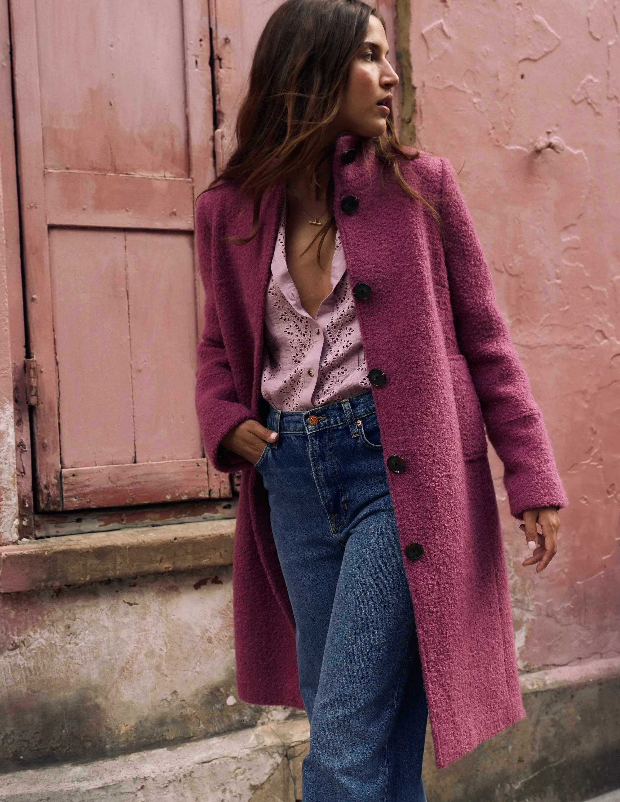 Fringe Detail Double stitching Funnel Neck Coat-Pink Heather