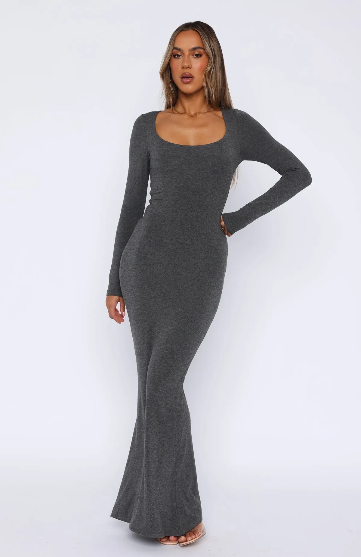 Clean Touch Timeless Comfort Get My Attention Long Sleeve Maxi Dress Dark Charcoal