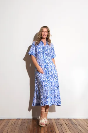 Ruffle Hem Sophisticated Fit Gracie Shirt Dress in Blue Bijou