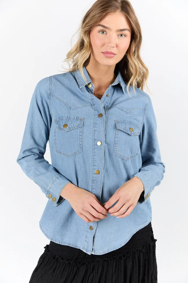 warm fleece Gussied Up Yoke Detail Chambray Button Down Shirt