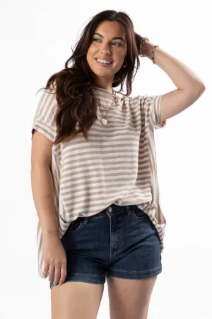 Soft Fabric Lift Mode Had It All Beige and Ivory Oversized Stripe Tee
