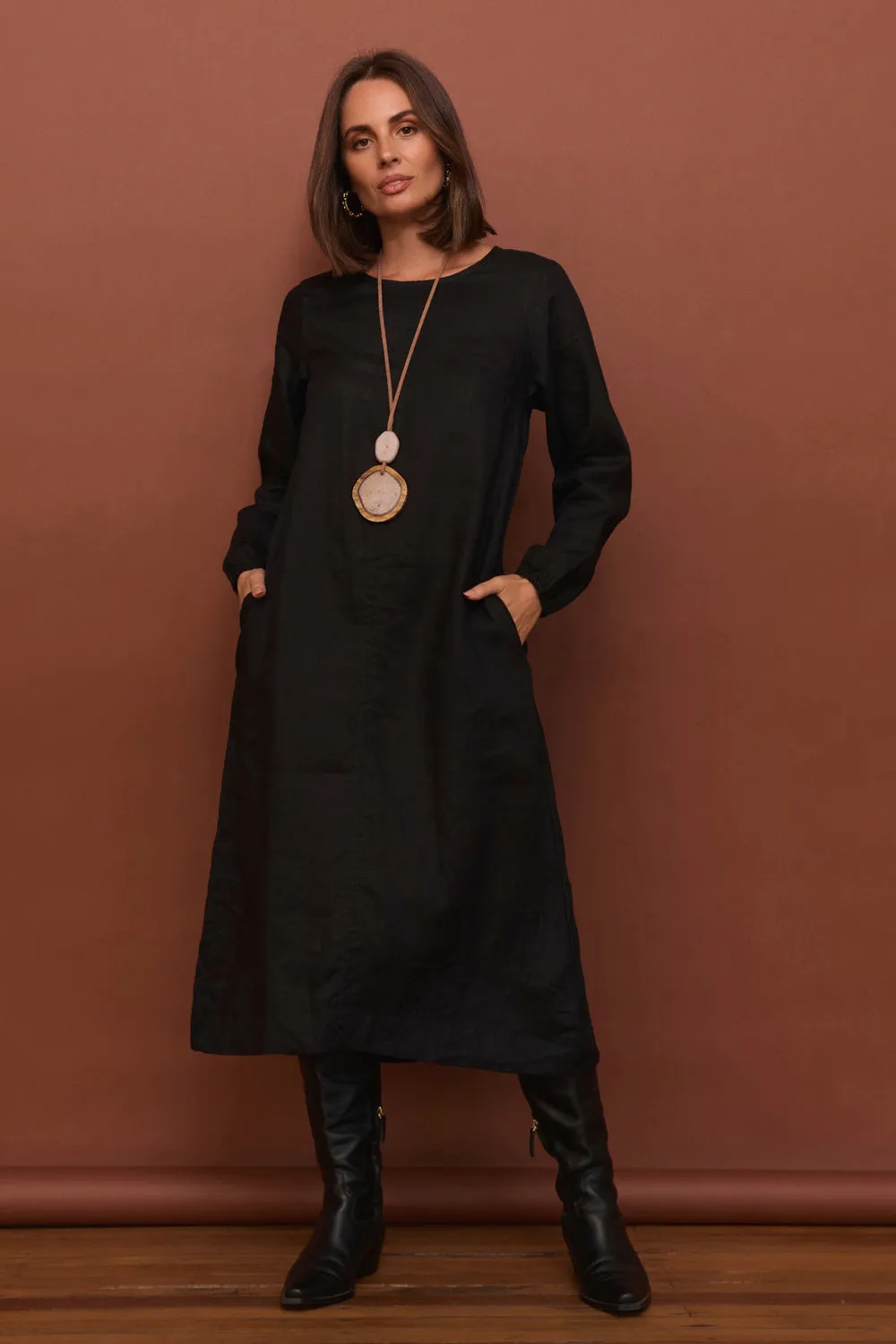 Hazel Linen Midi Dress in Black Quilted-Lining Statement Neck