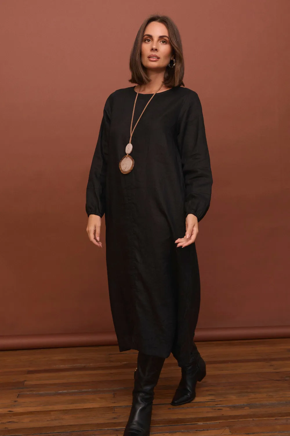 Hazel Linen Midi Dress in Black Chic casual