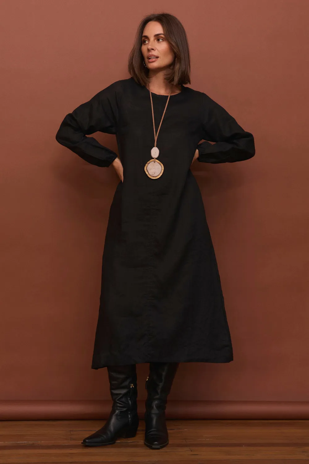 Hazel Linen Midi Dress in Black Soft Lines