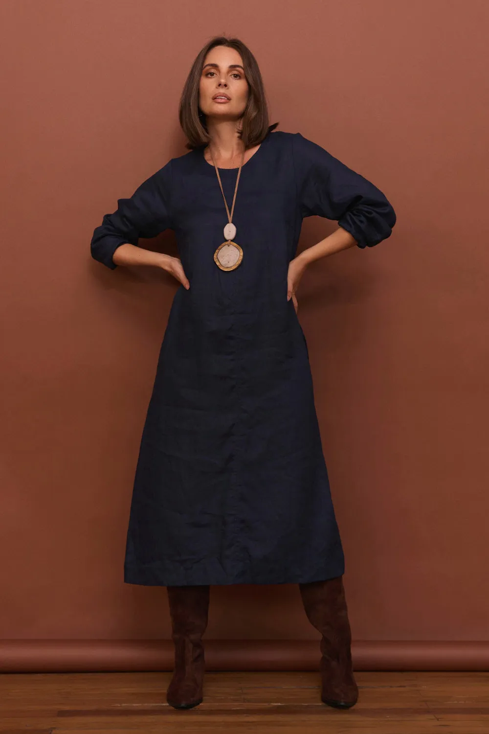 Indoor Event Hazel Linen Midi Dress in Navy