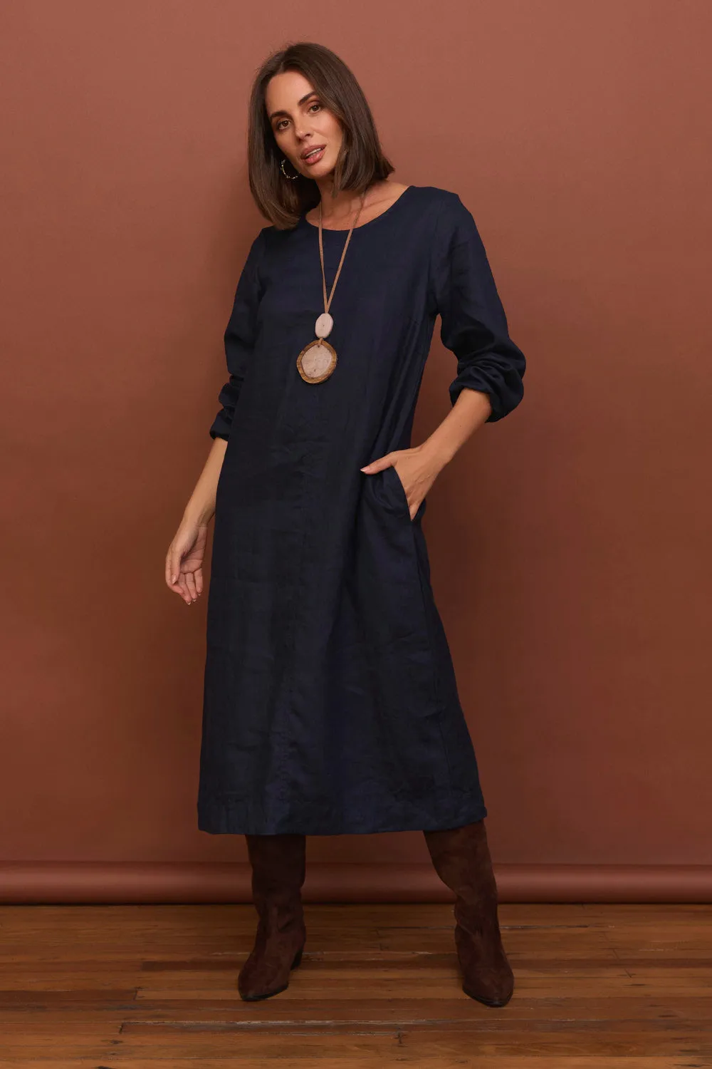 sweet moment Hazel Linen Midi Dress in Navy