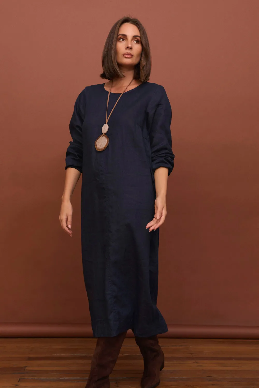 Hazel Linen Midi Dress in Navy Heart Glow Smart Piece