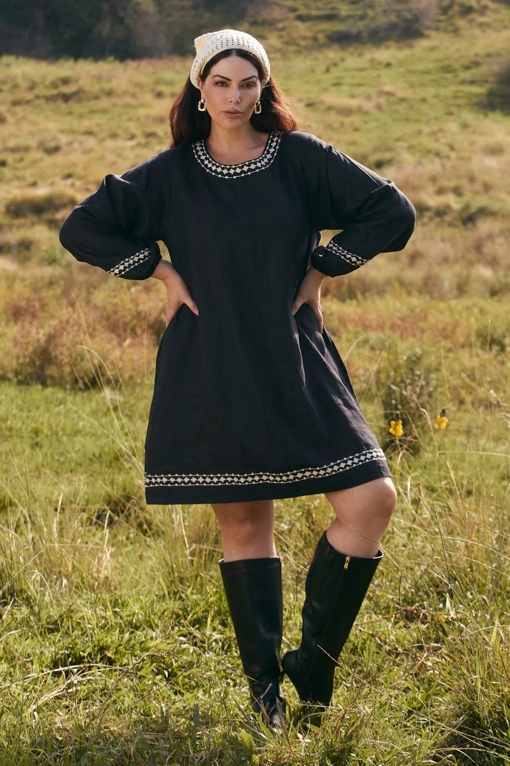 Minimalist Layering Chic casual Hazel Linen Short Dress in Moonlit Noir