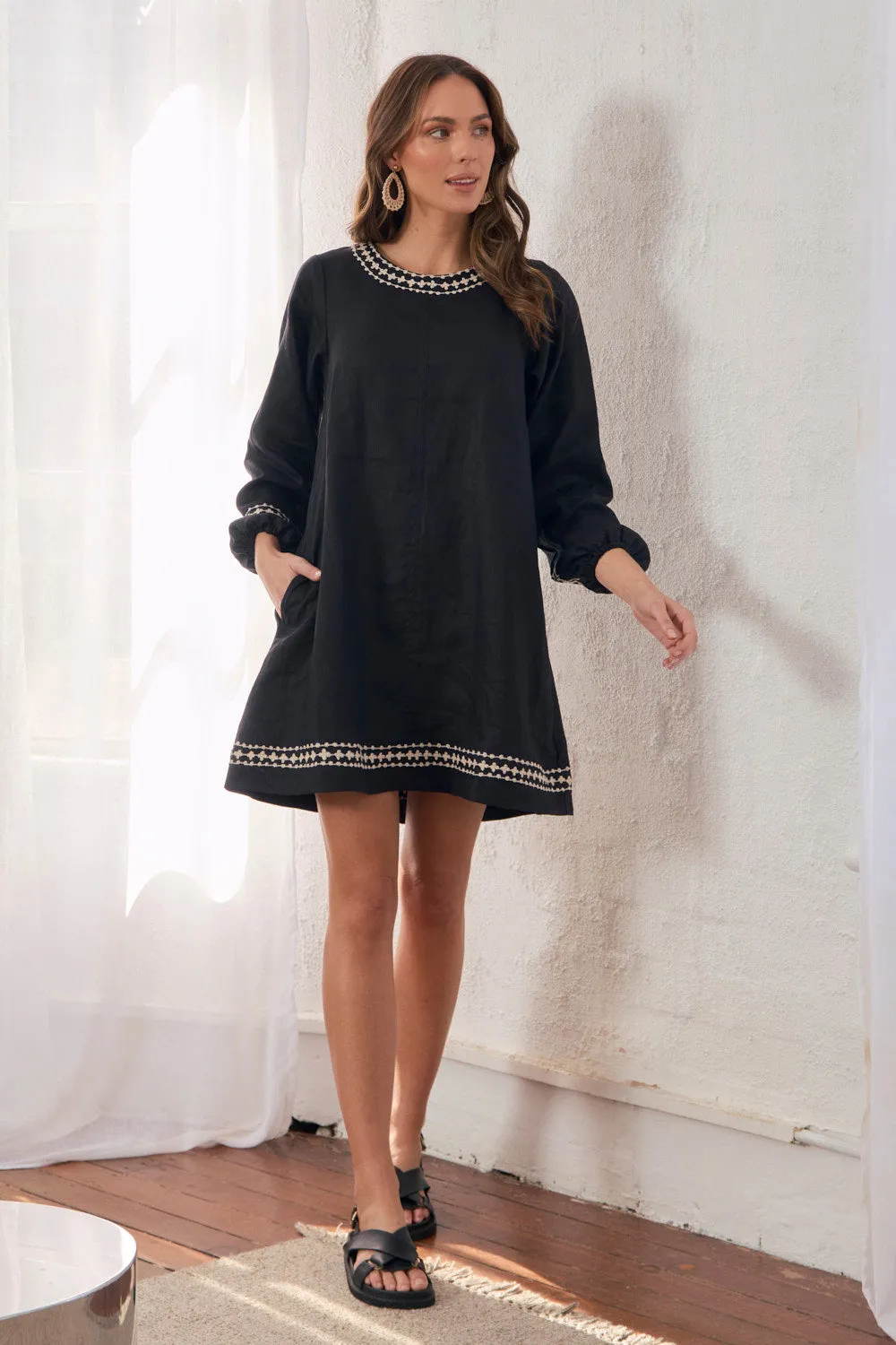 Hazel Linen Short Dress in Moonlit Noir Calm Texture