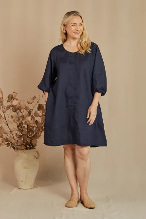 Dark Tones Relax Flex Hazel Short Linen Shift Dress in Navy