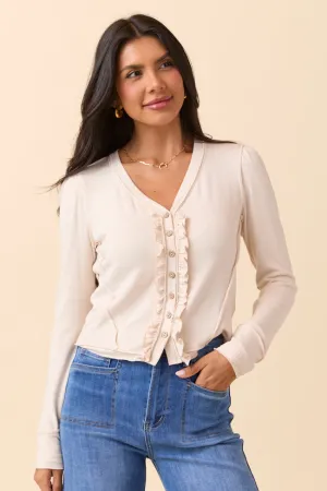 Lorraine Cream Ruffle Front Knit Cardigan QuickAccessPockets