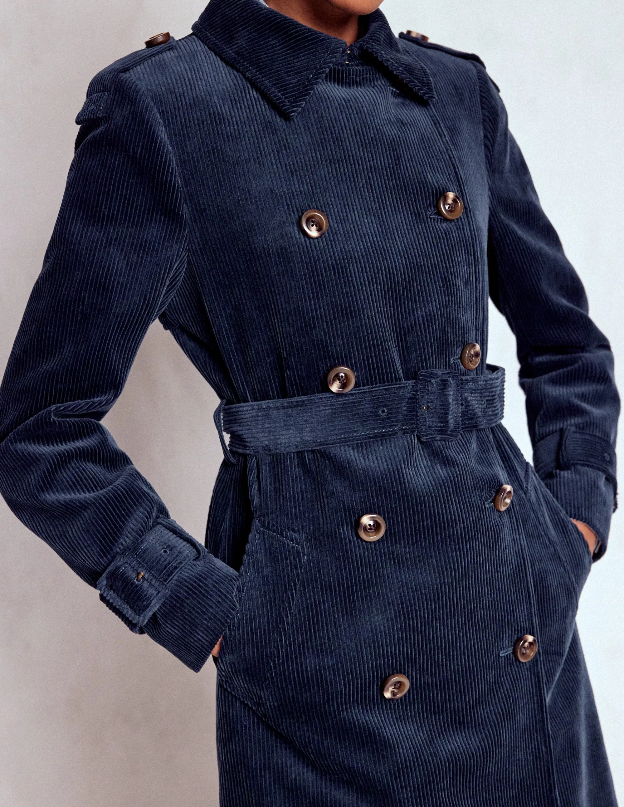 Cheltenham Cord Trench Coat-Navy Fleece Lined Interior