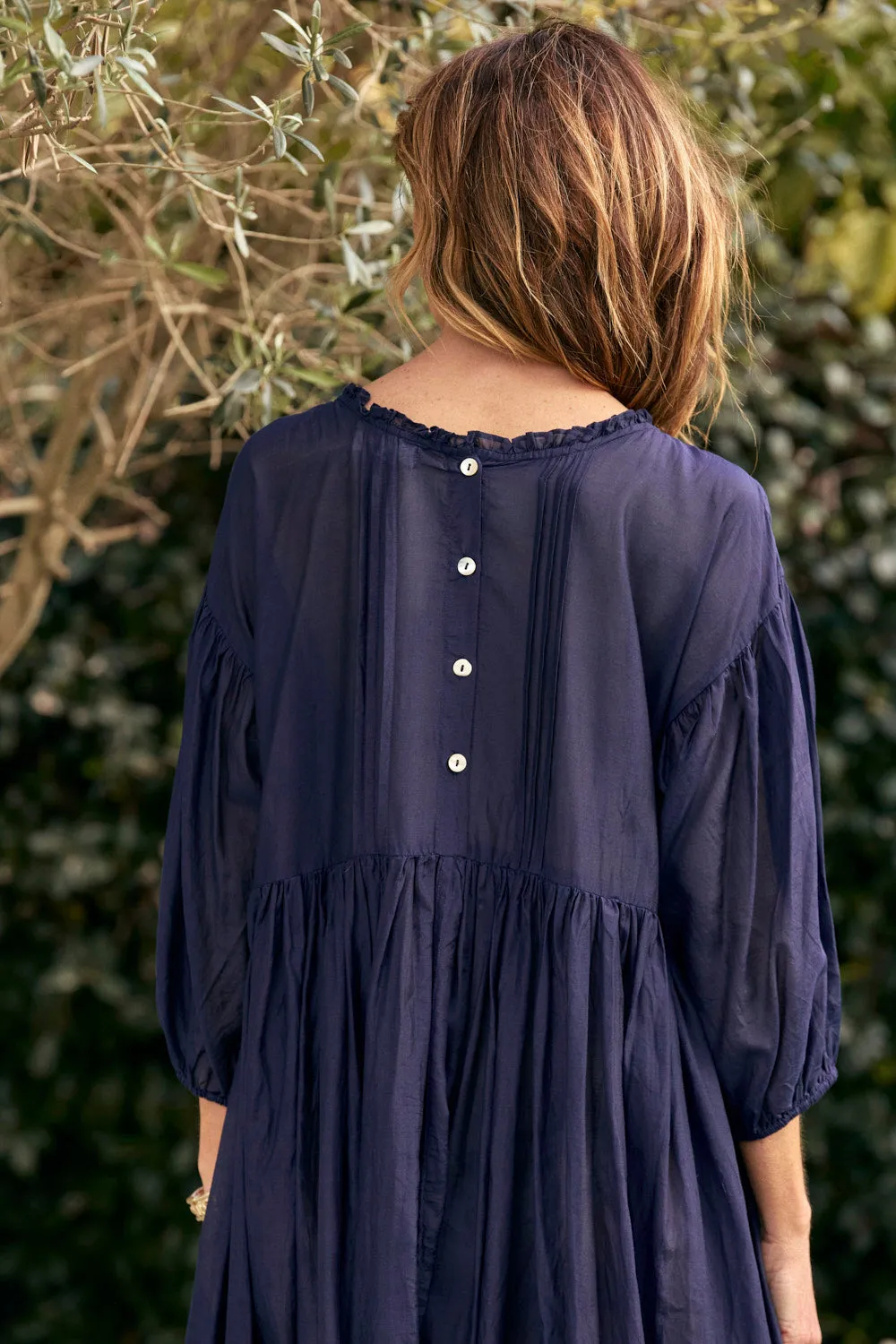 Coco Cotton Silk Dress in Navy Square Neck Calm Finish
