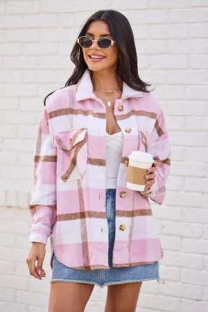Trendy Top BuiltIn Grip Shayla Pink and Taupe Flannel Shacket
