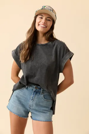 Kamryn Studded Short Sleeve Black Acid Wash Tee Lightweight Material