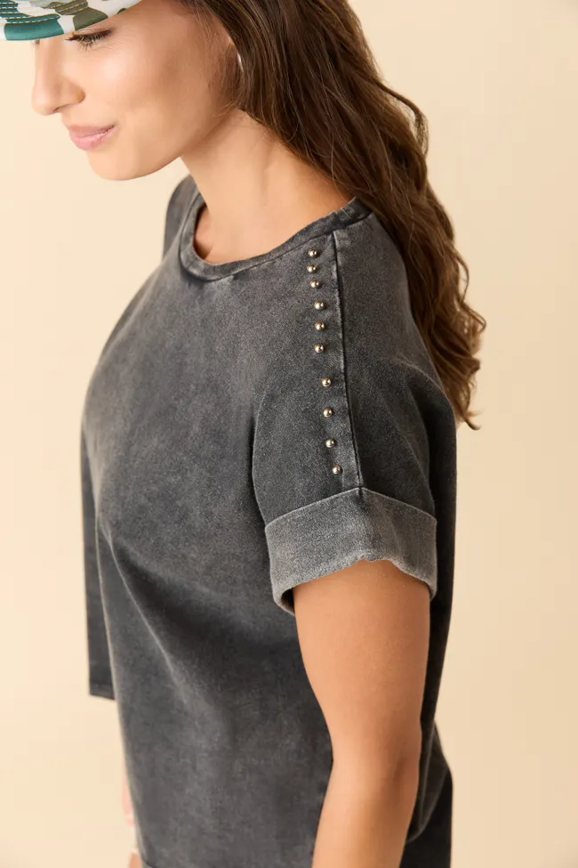 Work Wear Versatile Dress Kamryn Studded Short Sleeve Black Acid Wash Tee
