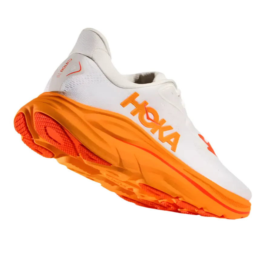 Hoka Mens Trainer Clifton 10 Frost/Orange Zest mountain trails