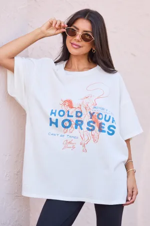 Hold Your Horses Off White Oversized Graphic Tee Green Soul Energy Mood