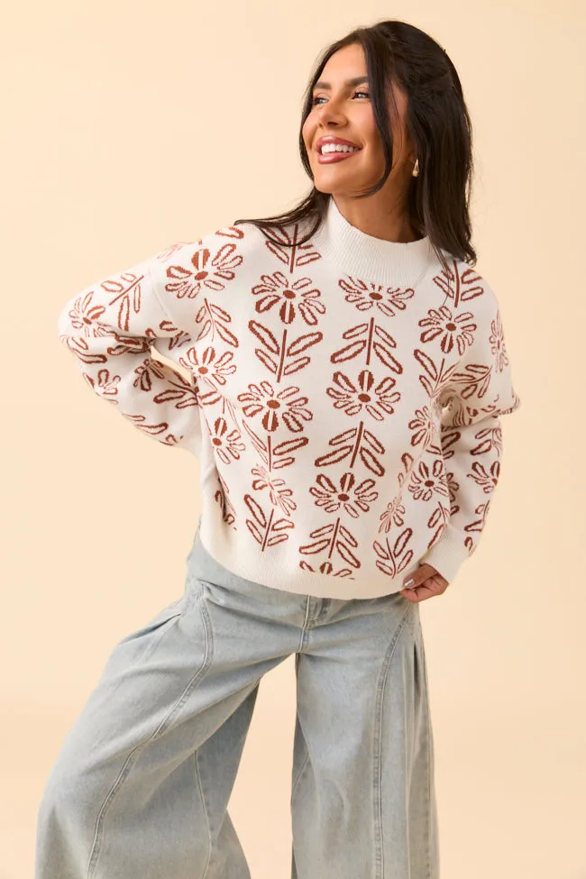 ThermalRegulation SoftLining Holly Ivory And Brown Floral Mock Neck Sweater