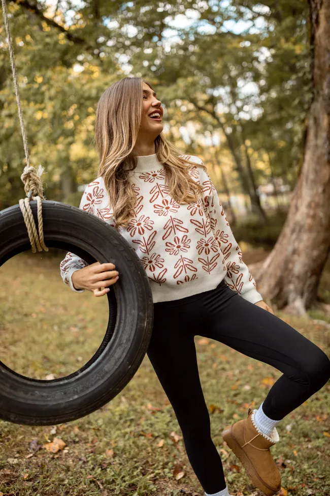 Holly Ivory And Brown Floral Mock Neck Sweater british retro