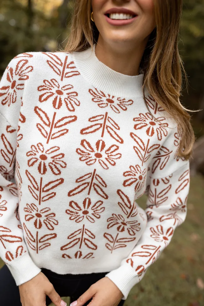 Halo Glow Holly Ivory And Brown Floral Mock Neck Sweater