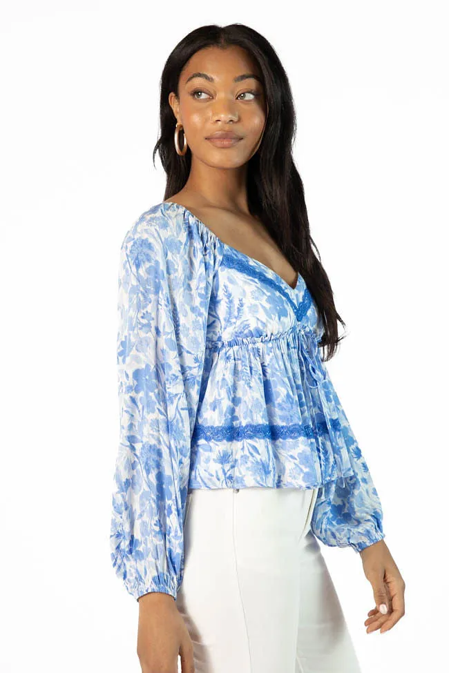 In My Dreams Blue Lace Trim Floral Blouse SALE Comfortable Outerwear Saga Vibe