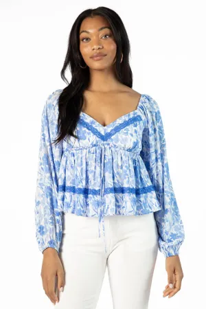 Vented Panels In My Dreams Blue Lace Trim Floral Blouse SALE