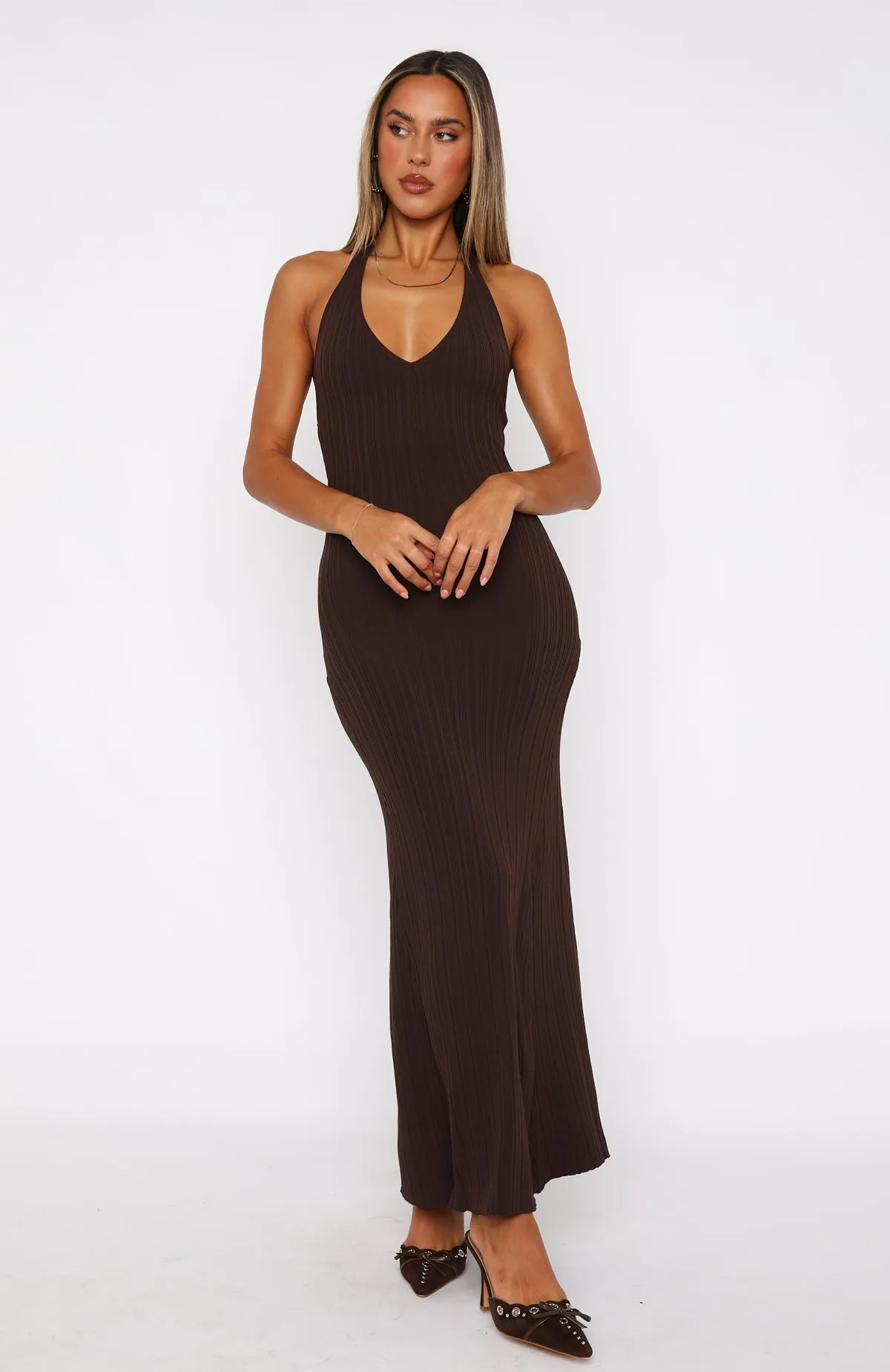 Tailored Mood Jewel Accent It's Only Fair Halter Maxi Dress Chocolate