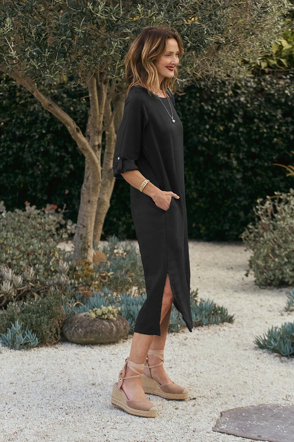 Jarla Linen Midi Dress in Black Date Ready Subtle Elegance