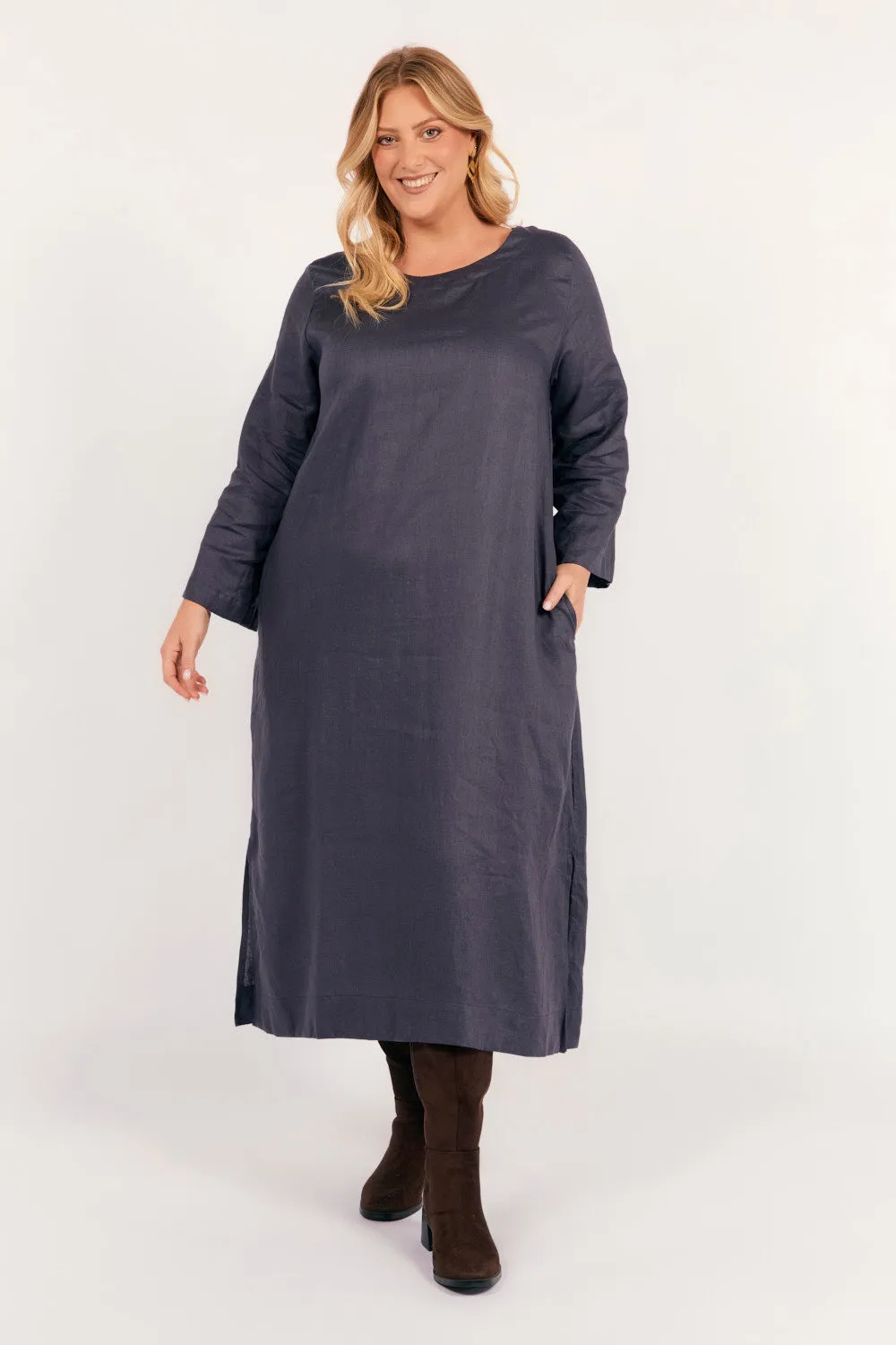 Jarla Linen Midi Dress in Charcoal Urban Feel Flower Grace