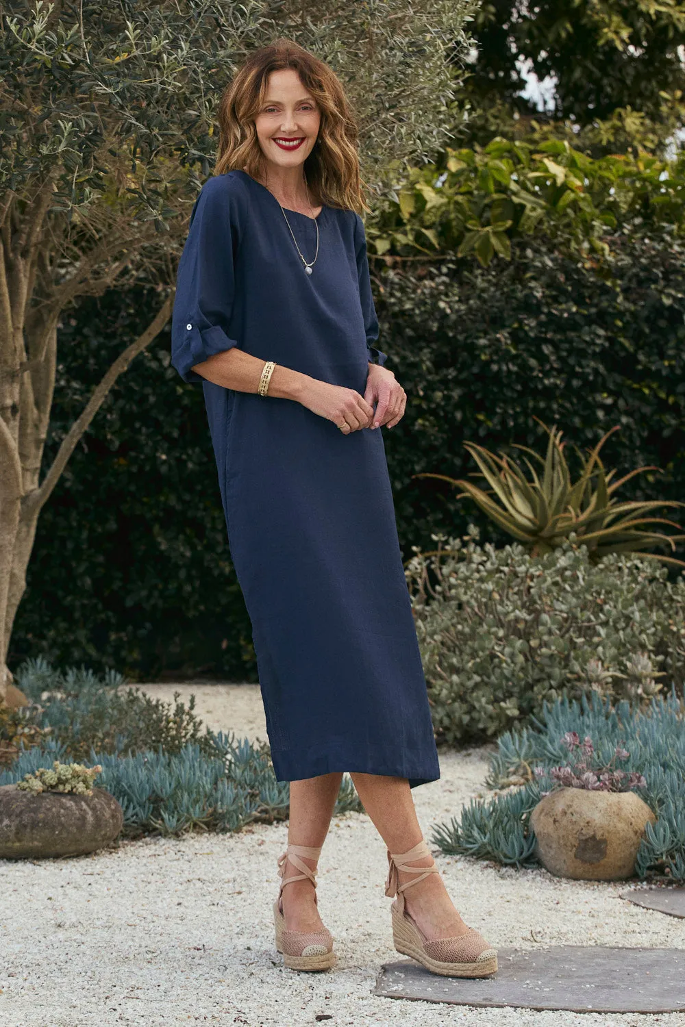 Jarla Linen Midi Dress in Navy Social Charm Flattering Waist Design