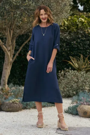 Jarla Linen Midi Dress in Navy Flared-Hem