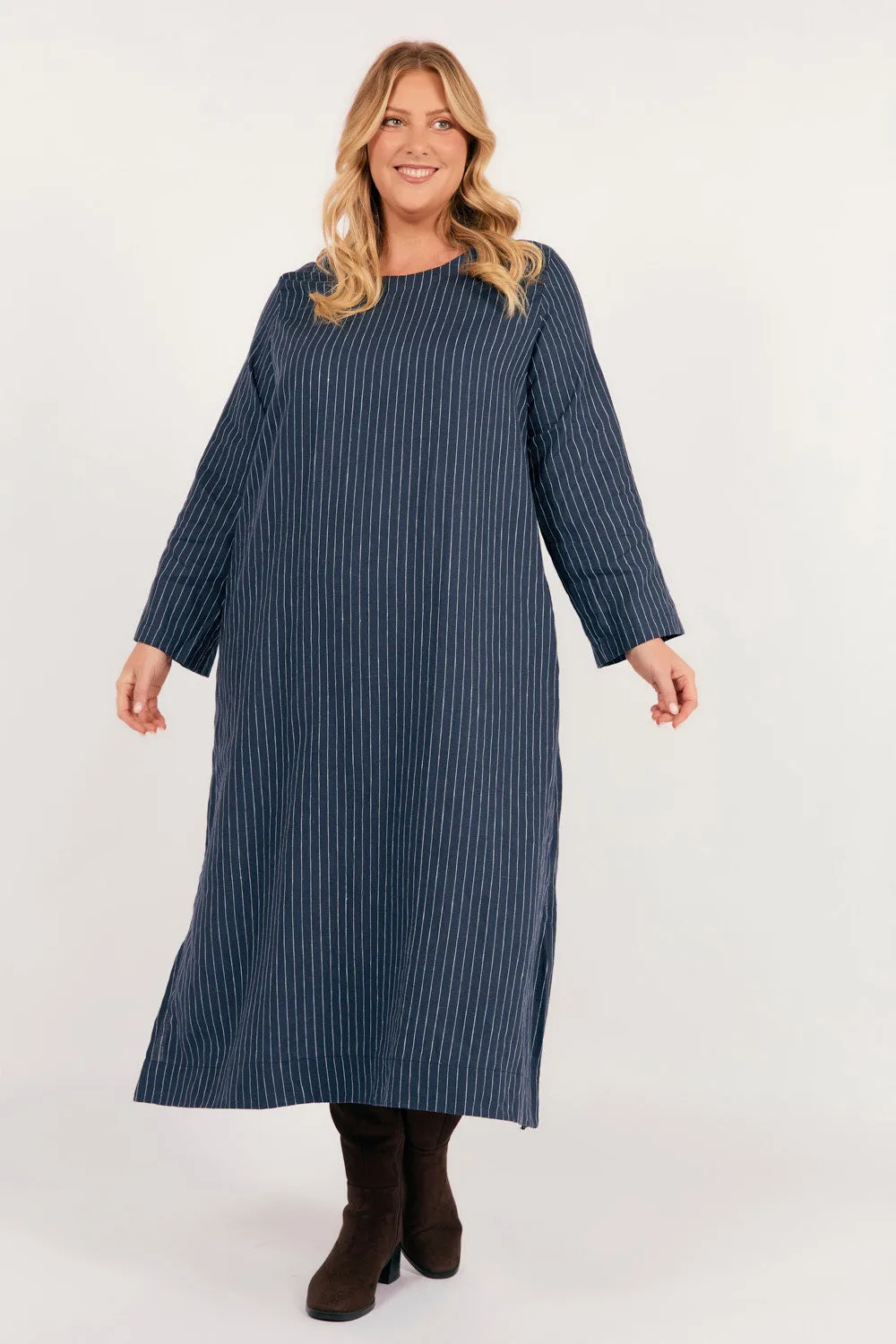 Comfortable Waist Design Jarla Linen Midi Dress in Pinstripe