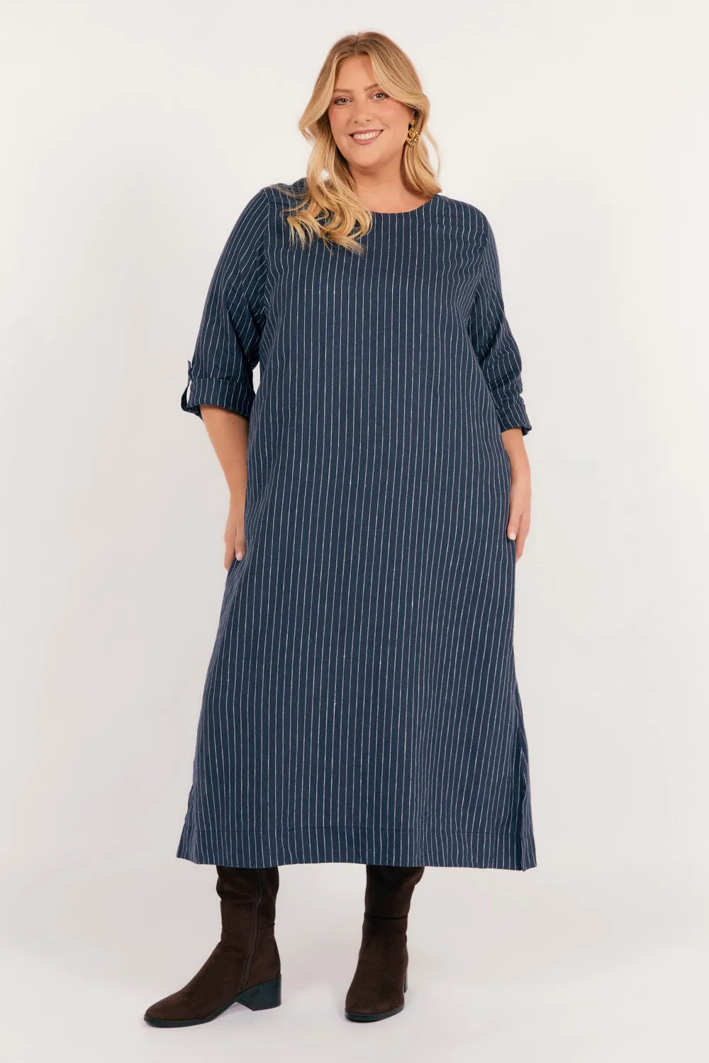 Jarla Linen Midi Dress in Pinstripe Airy Feel Polished Fit