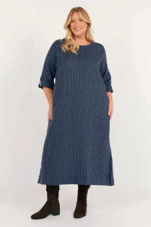 Jarla Linen Midi Dress in Pinstripe Airy Feel Polished Fit